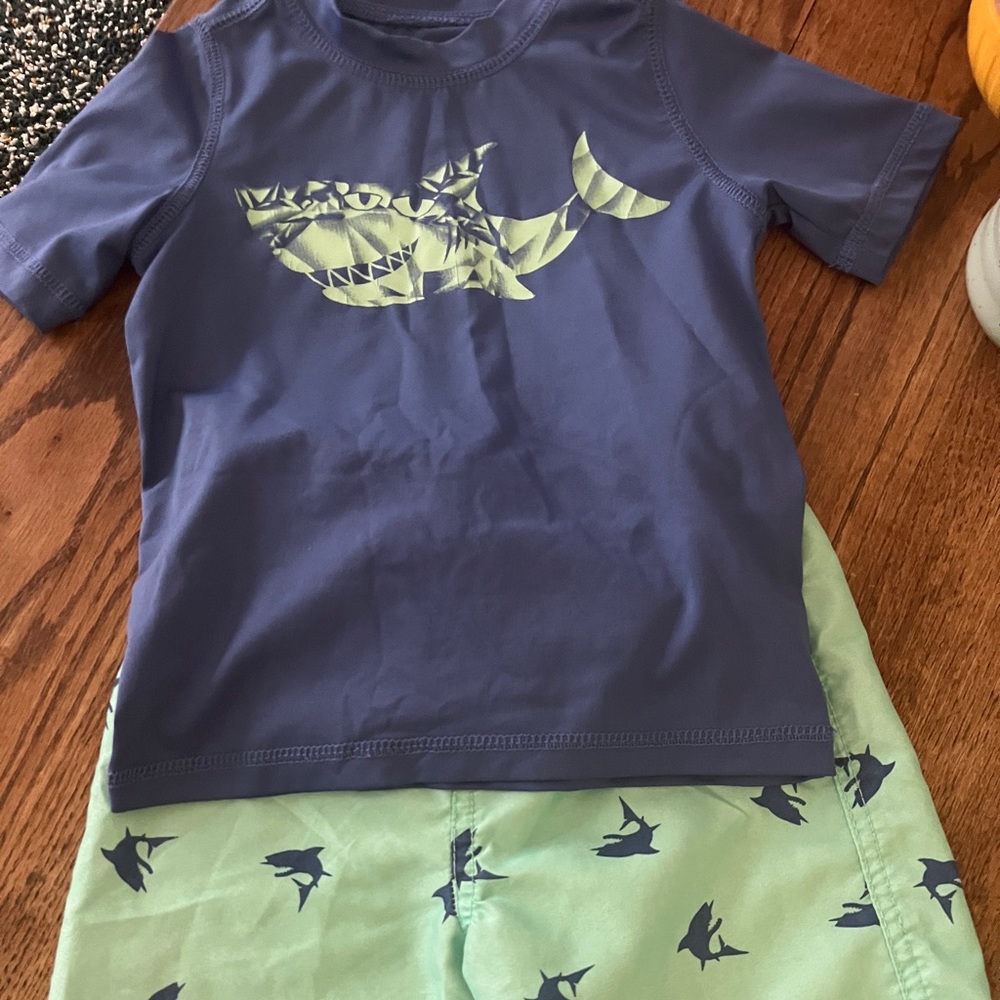 4T shark swim shirt and trunks